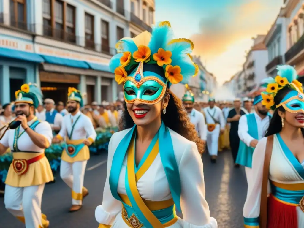 Desfile de Carnaval Uruguayo: Alegría y Color Desfile vibrante en el Carnaval Uruguayo con carrozas detalladas y espectadores capturando secretos fotográficos