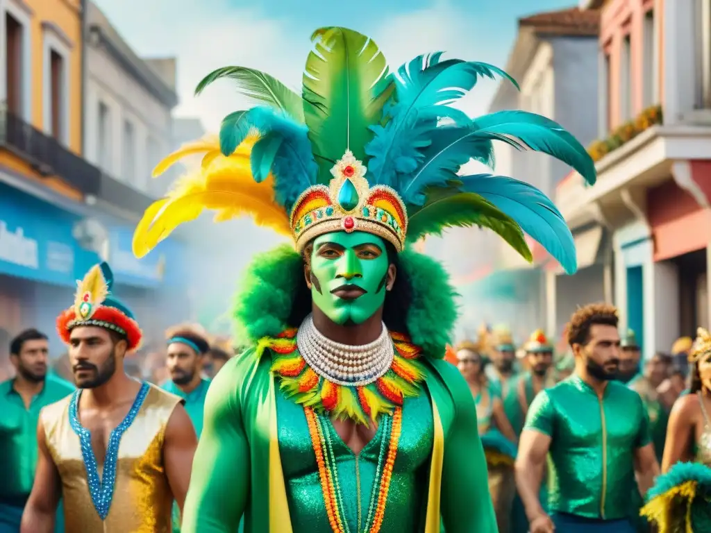 Desfile ecológico en Carnaval de Uruguay Desfile vibrante en el Carnaval Uruguayo con vestuario sostenible de materiales reciclados