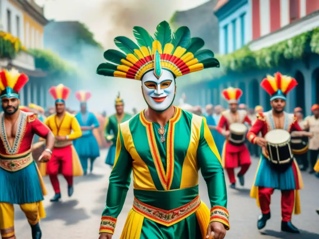 Carnaval en Uruguay: danza, color y tradición Desfile vibrante de Carnaval Uruguayo con fusión cultural: coloridos trajes, máscaras intrincadas y bailarines energéticos al ritmo de tambores