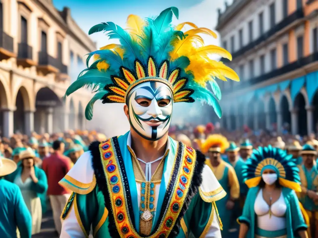 Deslumbrante desfile de Carnaval en Uruguay Desfile vibrante en el Carnaval Uruguayo atractivo turístico global con plumas, lentejuelas y máscaras coloridas