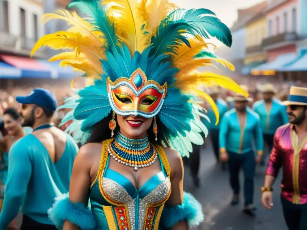 Vibrante Carnaval Uruguayo: Desfile de Colores y Máscaras Desfile vibrante del Carnaval Uruguayo con inclusión y coloridos trajes y máscaras