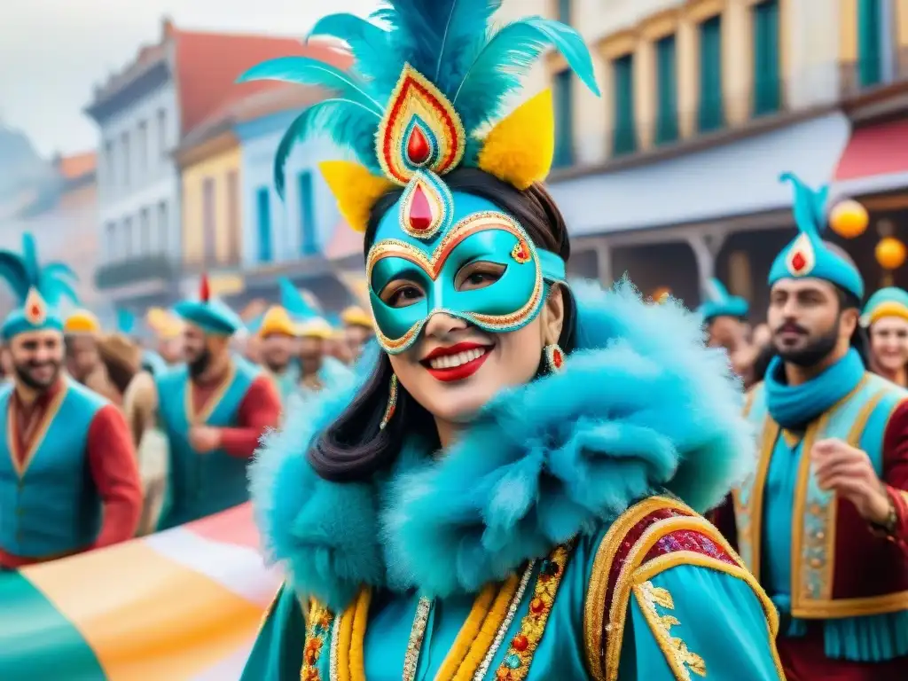Desfile de Carnaval en Uruguay: Colorida festividad con música y baile Desfile vibrante durante el Carnaval Uruguayo con influencia religiosa