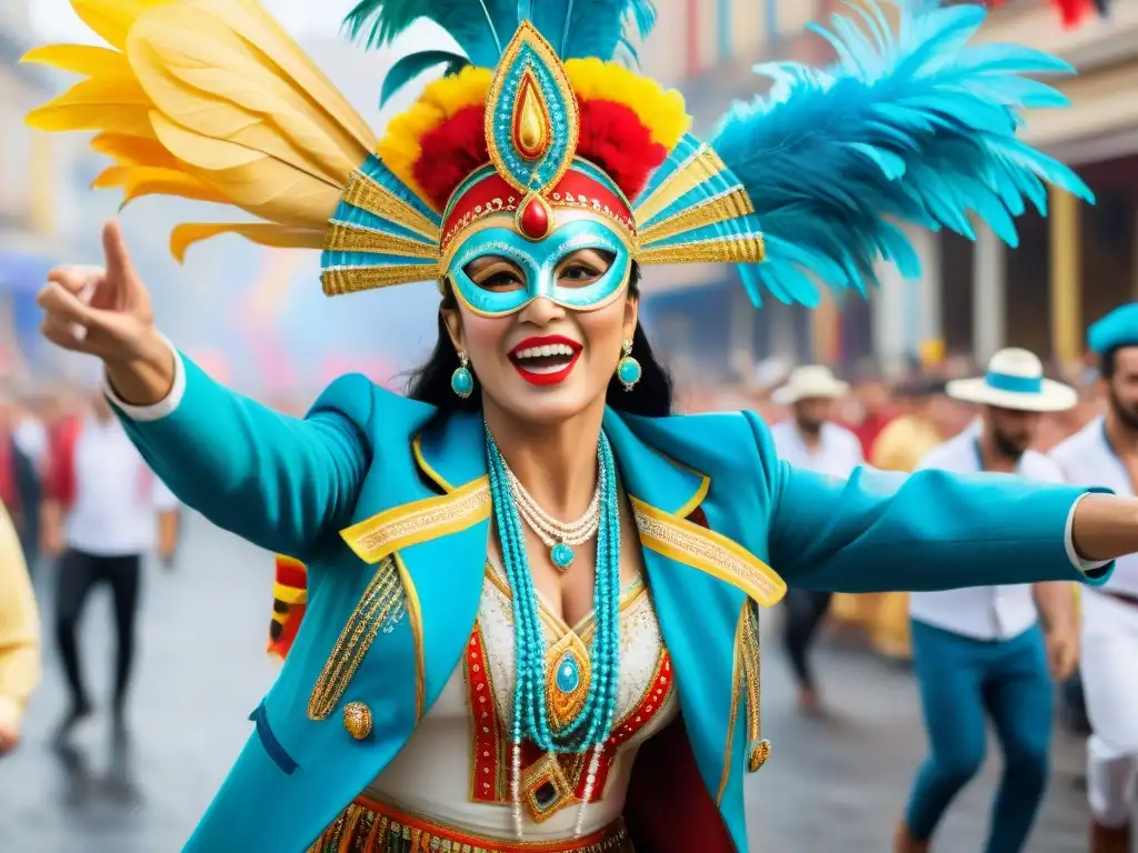 Colorida ilustración de Momo y el Carnaval Uruguayo Un desfile vibrante en el Carnaval Uruguayo, con Momo y coloridos trajes