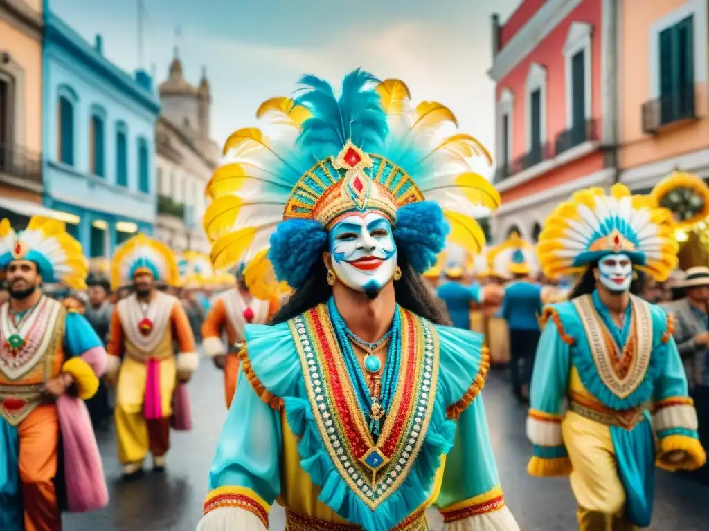 Carnaval en Uruguay: Desfile vibrante y colorido Desfile vibrante en Carnaval Uruguayo con detalles intrincados, trajes coloridos y música alegre, capturando leyendas y anécdotas Carnaval Uruguayo
