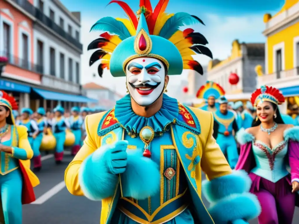 Deslumbrante desfile de carnaval en Uruguay Desfile vibrante en Carnaval Uruguayo: trajes llamativos, carrozas coloridas y artistas entusiastas bailando al ritmo de la música tradicional