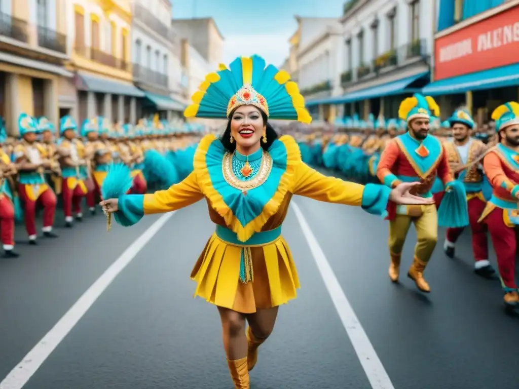 Desfile vibrante del Carnaval uruguayo: ¡celebra la cultura y la comunidad! Desfile vibrante en el Carnaval Uruguayo, con carrozas coloridas, bailarines y espectadores alegres
