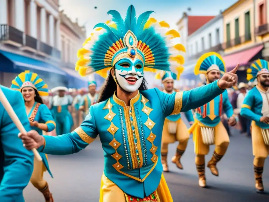 Desfile vibrante del Carnaval Uruguayo: colores, máscaras y danzas Desfile vibrante de Carnaval Uruguayo, con coloridos trajes y máscaras, danzas y música, mostrando desarrollo social