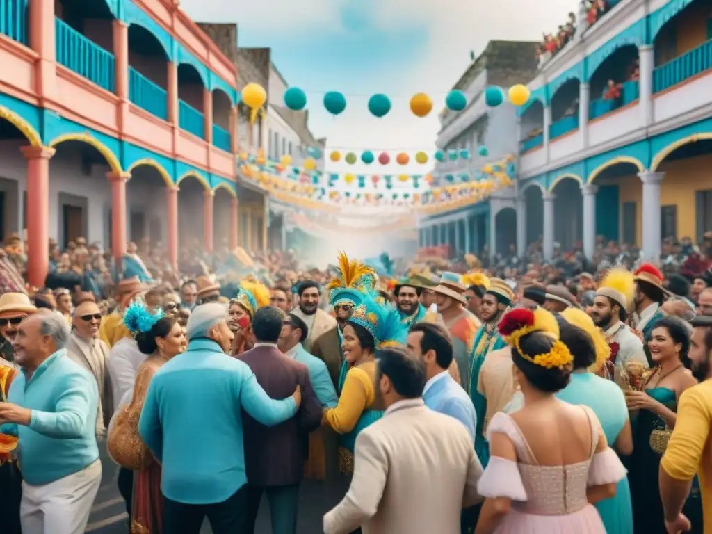Desfile de Carnaval en Uruguay: alegría y color en acuarela Desfile vibrante en Carnaval Uruguayo: carros alegóricos, máscaras coloridas, gente bailando y celebrando en las calles