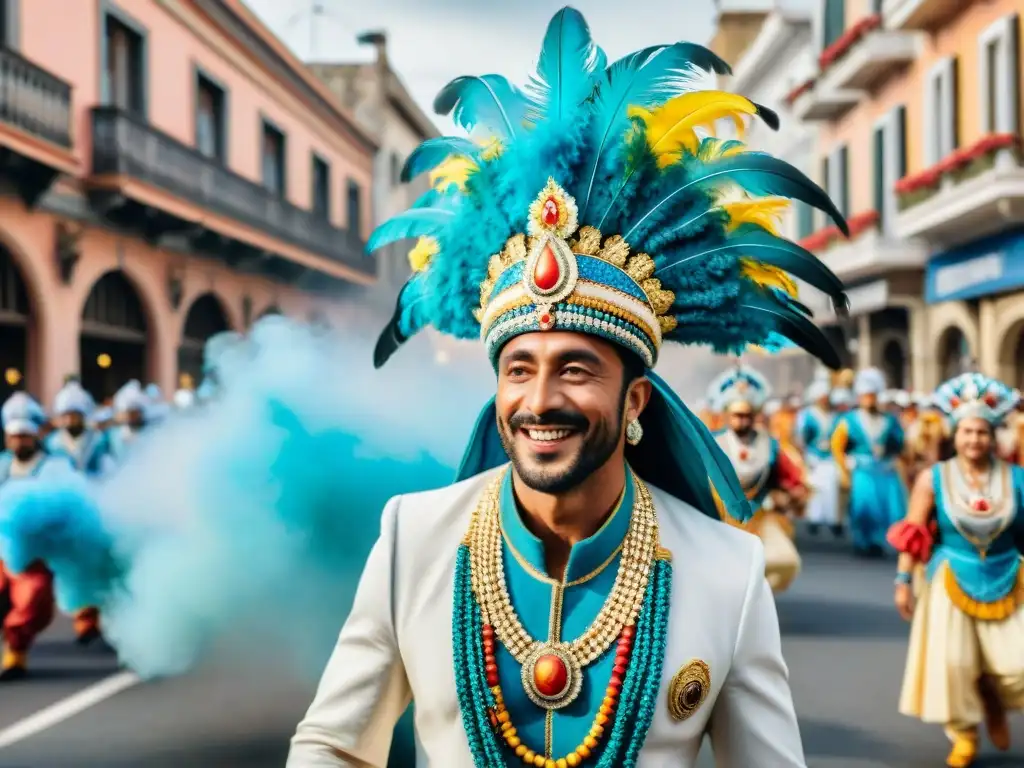 Deslumbrante comparsa en el Carnaval Uruguayo Desfile vibrante de Carnaval Uruguayo festivales internacionales con trajes coloridos y músicos alegres en las calles históricas
