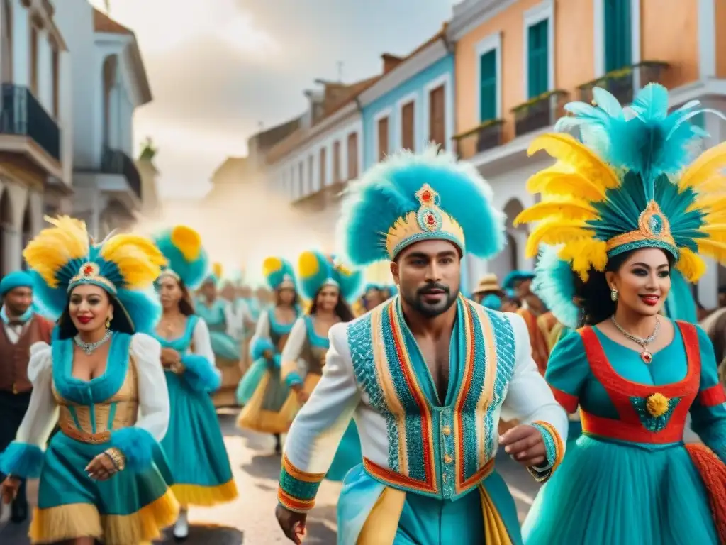 Desfile vibrante durante el Carnaval Uruguayo, con artistas y música tradicional, celebrando la evolución inclusión