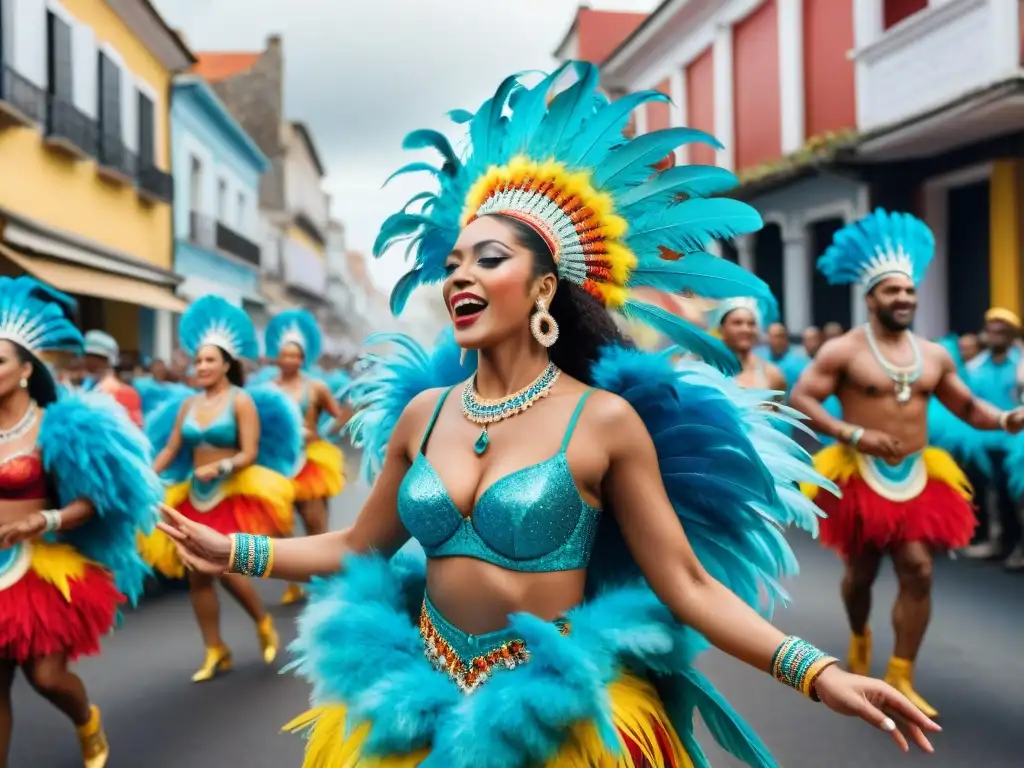 Desfile de Carnaval en Uruguay: una explosión de colores y ritmo caribeño Desfile vibrante en Carnaval Uruguayo con influencia caribeña: bailarines, música y espectadores celebrando juntos