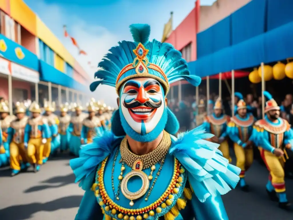 Desfile de Carnaval en Uruguay: colorido y festivo Desfile vibrante del Carnaval Uruguayo con carrozas y espectadores alegres bajo cielo azul