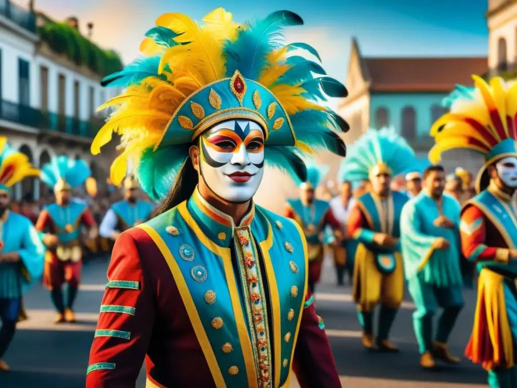 Deslumbrante desfile de Carnaval en Uruguay: tradición y festividad Desfile vibrante en Carnaval de Uruguay con vestuarios elaborados y movimientos dinámicos