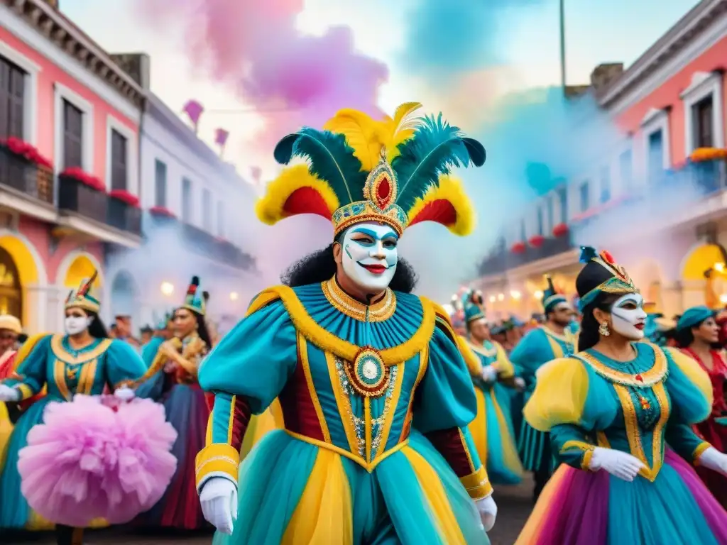 Carnaval Uruguayo: Desfile de Carnavalgoers y coloridas fiestas Desfile vibrante con Carnavalgoers y carrozas bajo cielos de confeti