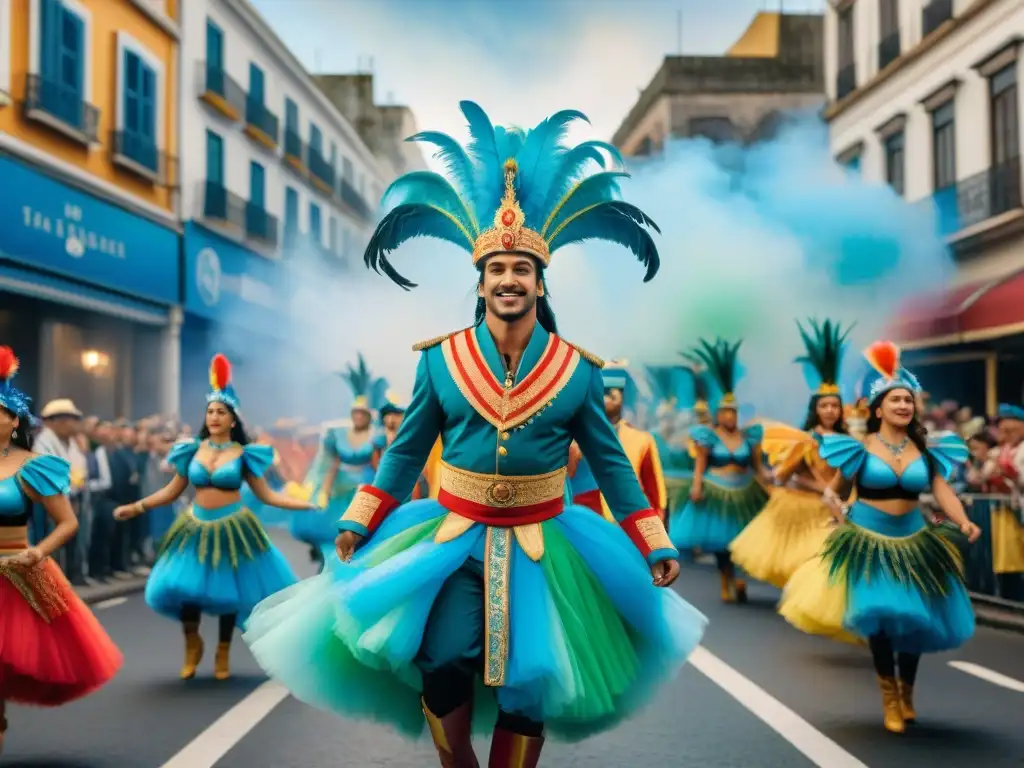 Deslumbrante desfile de Carnaval Uruguayo Desfile vibrante con carrozas y trajes coloridos en el Carnaval Uruguayo