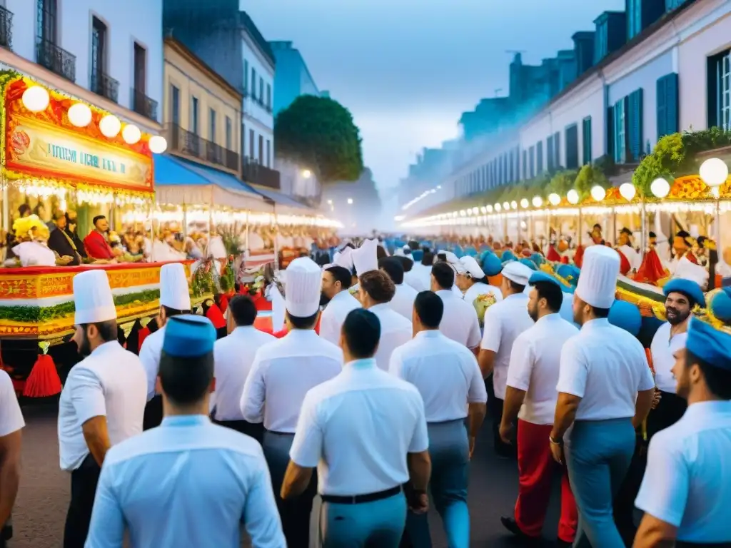 Desfile de chefs en Carnaval de Uruguay Desfile vibrante en Uruguay, chefs transforman ingredientes en arte en carrozas decoradas rodeadas de espectadores alegres