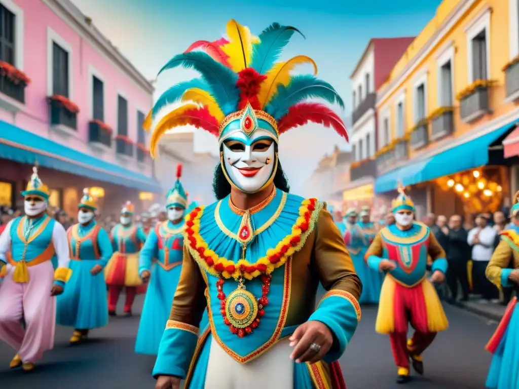 Carnaval de Uruguay: vibrante desfile de disfraces y música Desfile vibrante y colorido del Carnaval Uruguayo: Innovación y Tradición se fusionan en esta pintura acuarela detallada