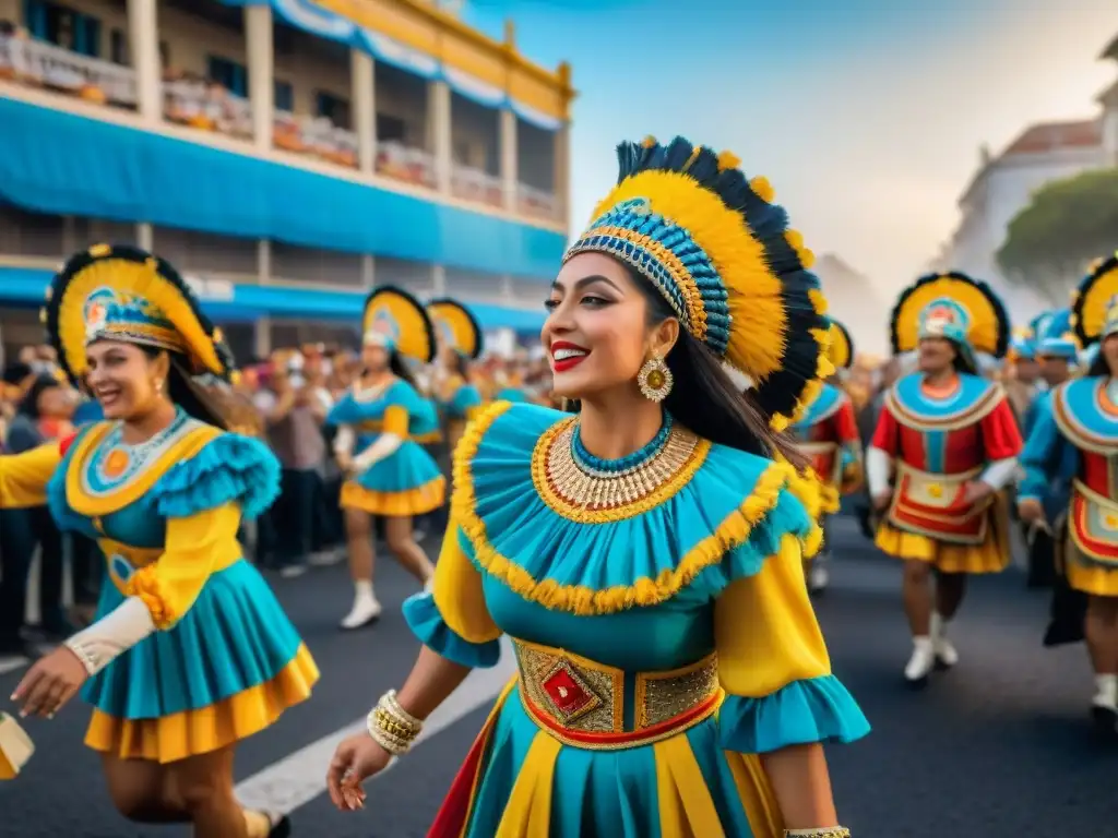 Colorido desfile de Carnaval en Uruguay: energía y tradición Desfile vibrante y colorido del Carnaval Uruguayo, con bailarines y músicos, transmitiendo la energía festiva