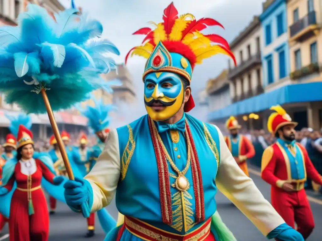 Carnaval en Uruguay: Desfile colorido y vibrante Desfile vibrante y colorido del Carnaval Uruguayo con flotantes detallados y artistas con trajes alegres