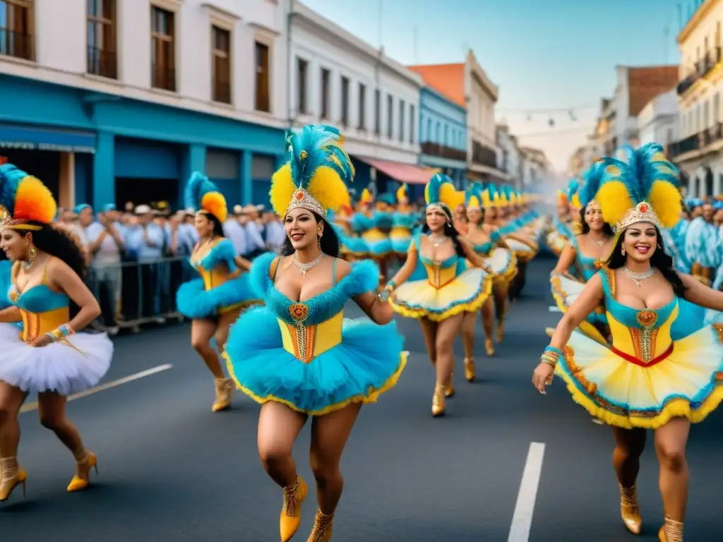 Desfile colorido y alegre en Carnaval de Uruguay Un desfile vibrante y colorido durante el Carnaval en Uruguay, reflejando la resiliencia del Carnaval Uruguayo
