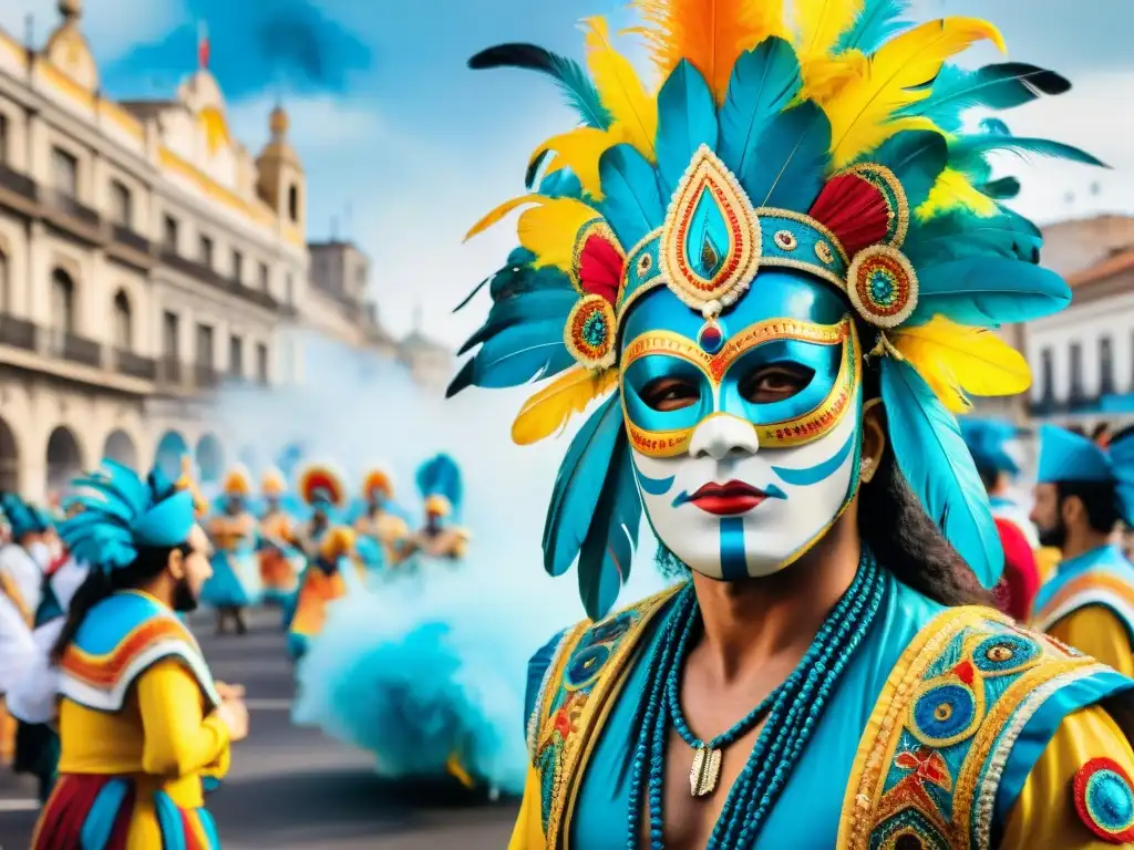 Deslumbrante comparsa del Carnaval Uruguayo Un desfile vibrante de comparsa en Carnaval Uruguayo, mostrando la evolución del disfraz