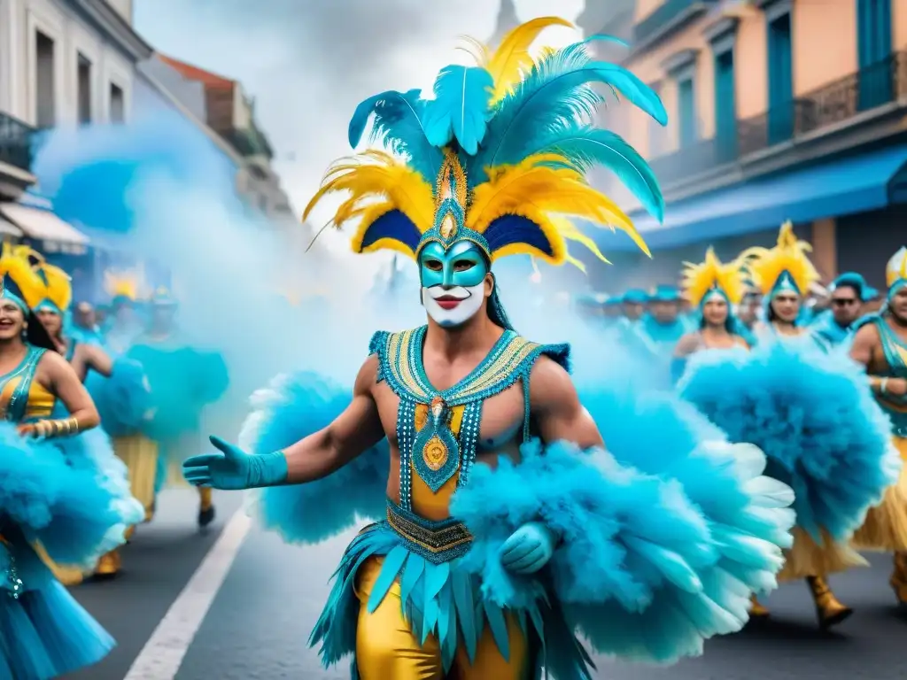 Deslumbrante Carnaval de Comparsas en Uruguay Un desfile vibrante de comparsas en el Carnaval Uruguayo, con trajes coloridos y música alegre