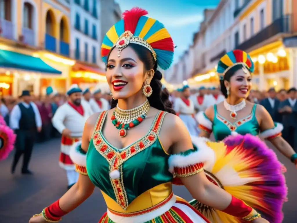 Desfile de Comparsas Uruguayas: Colorido y Alegría en Carnaval Desfile vibrante de comparsas del Carnaval Uruguayo, preservación de la tradición con coloridos trajes y festiva atmósfera callejera