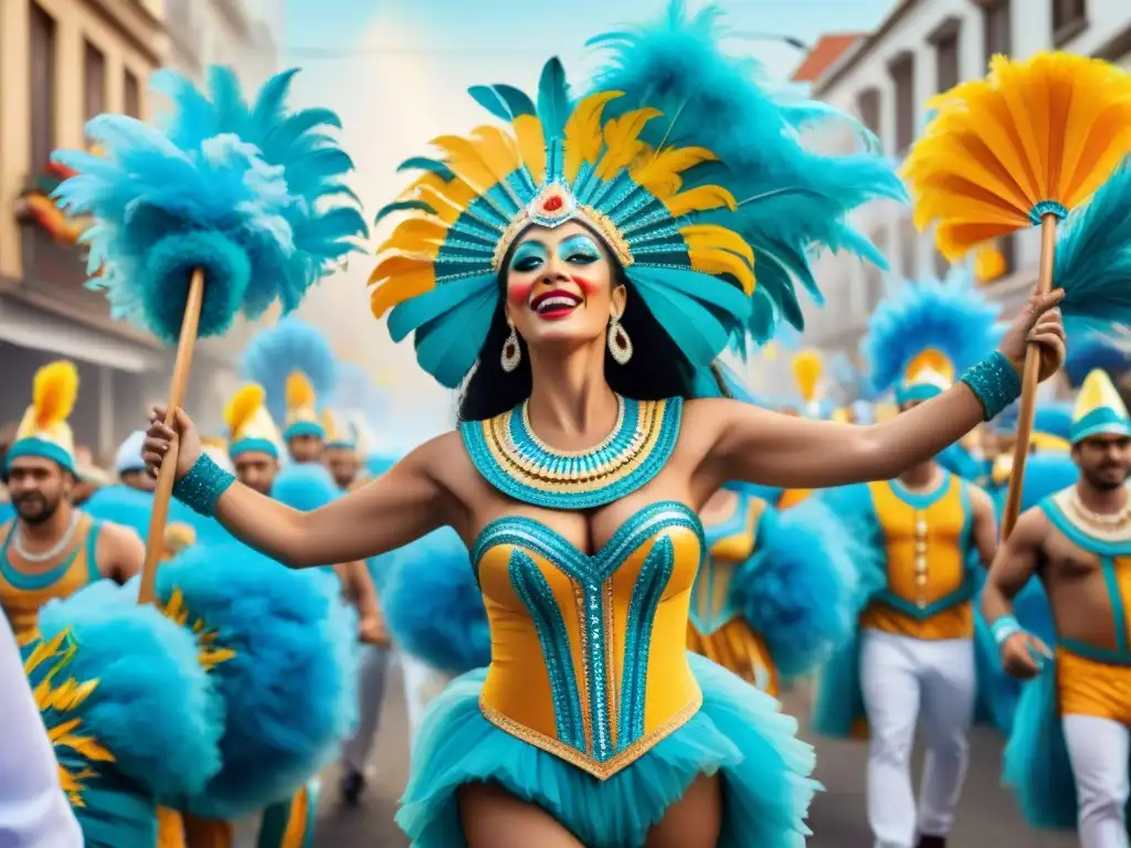Carnaval uruguayo: tradición y tecnología en comparsas Desfile vibrante de comparsas uruguayas fusionando tradición y tecnología, reflejando el impacto tecnológico en comparsas uruguayas