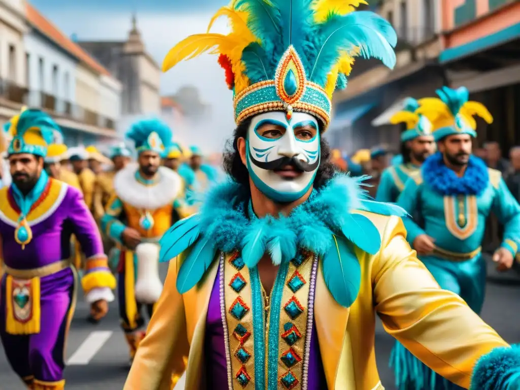Deslumbrante Carnaval en Uruguay: Detalles y Colorido Desfile vibrante y detallado del Carnaval en Uruguay, destacando la riqueza y significado de los trajes