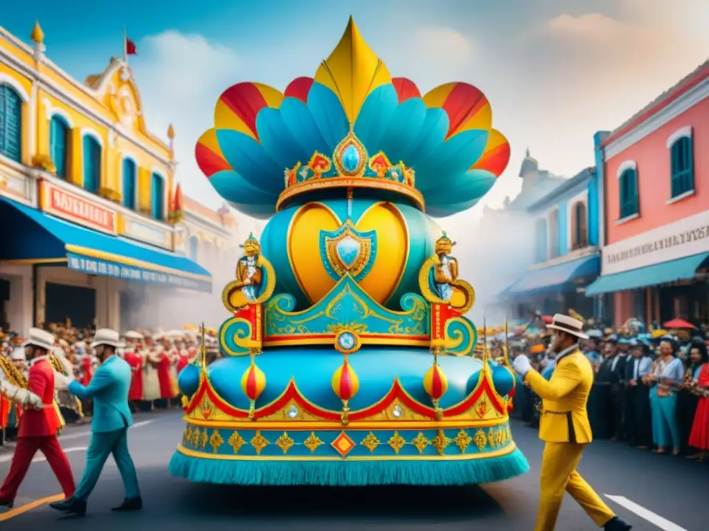 Float cinematográfico en Carnaval Uruguayo Un desfile vibrante con diseño de vestuario inspirado en escenas icónicas de cine y televisión, fusionando elementos de carnaval