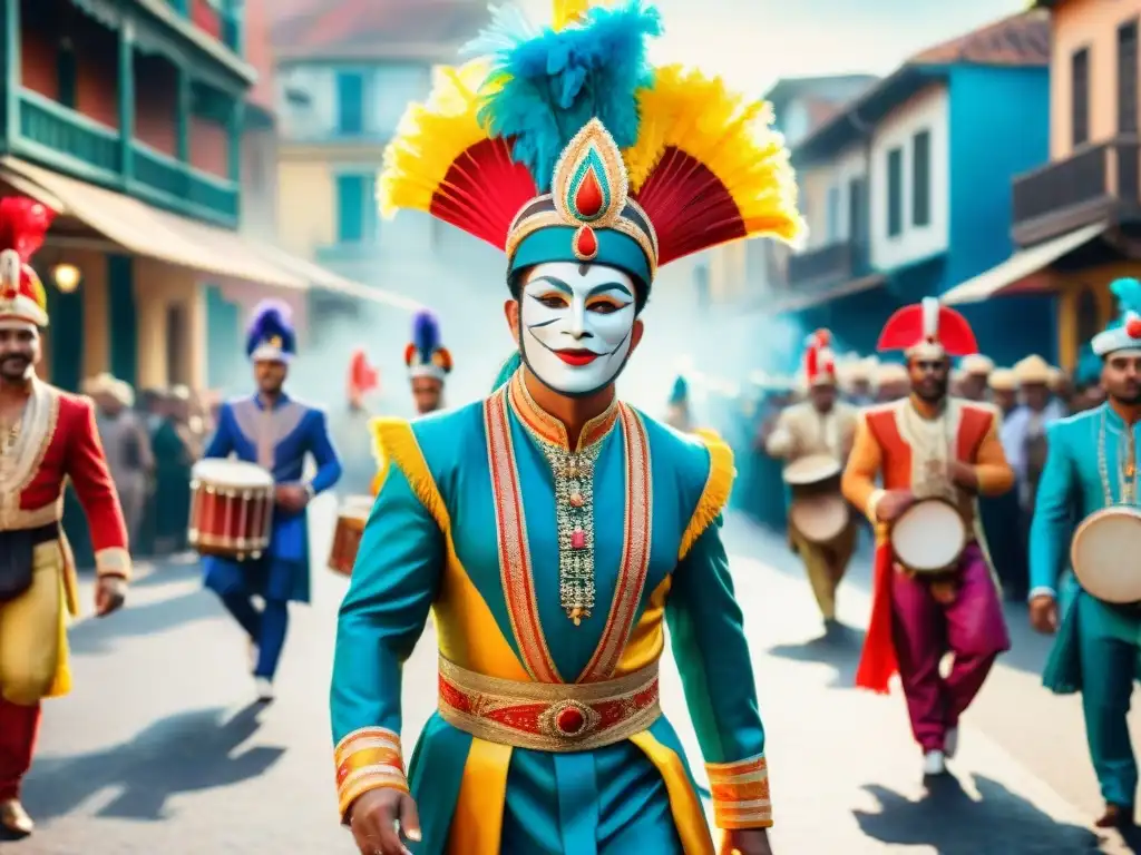 Coloridas murgas en Carnaval: danza y alegría en la calle Un desfile vibrante de murgas en Carnaval, con trajes coloridos y máscaras, danzando al ritmo de tambores y trompetas