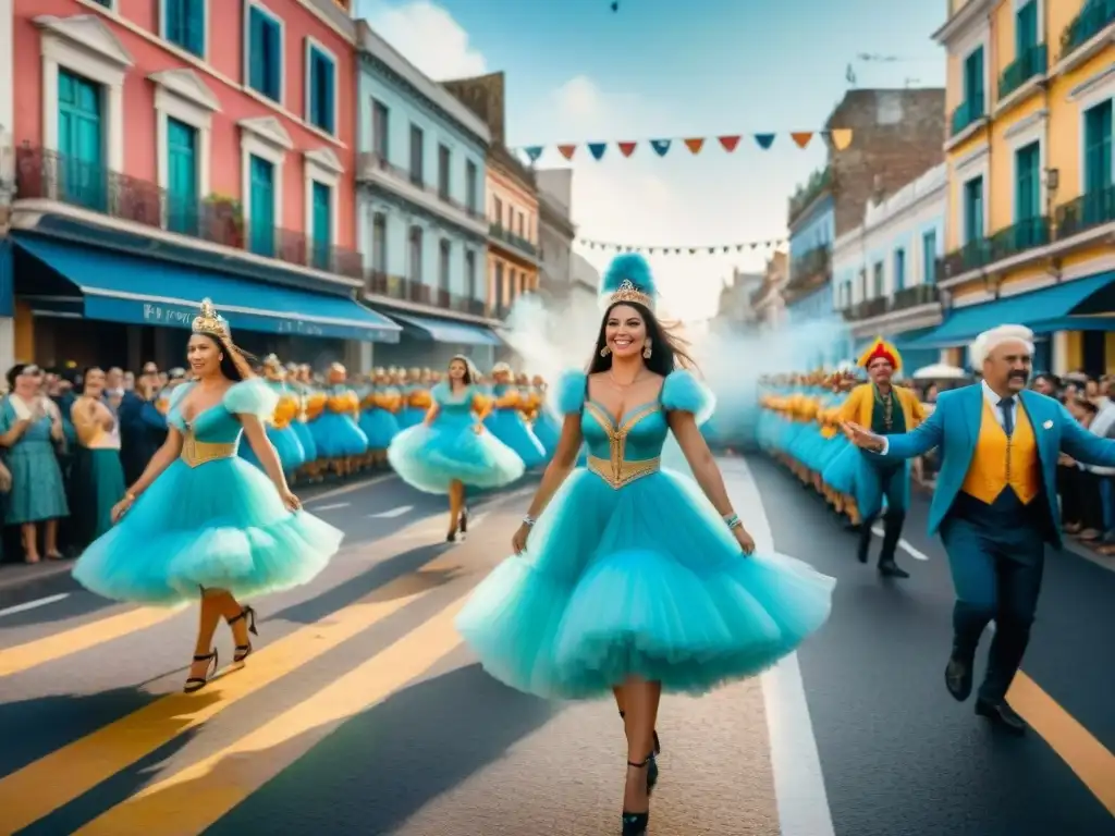 Desfile festivo: murgas y comparsas de Uruguay y Argentina en acuarela Desfile vibrante de murgas y comparsas de Uruguay y Argentina, celebrando conexiones entre Carnaval Uruguayo