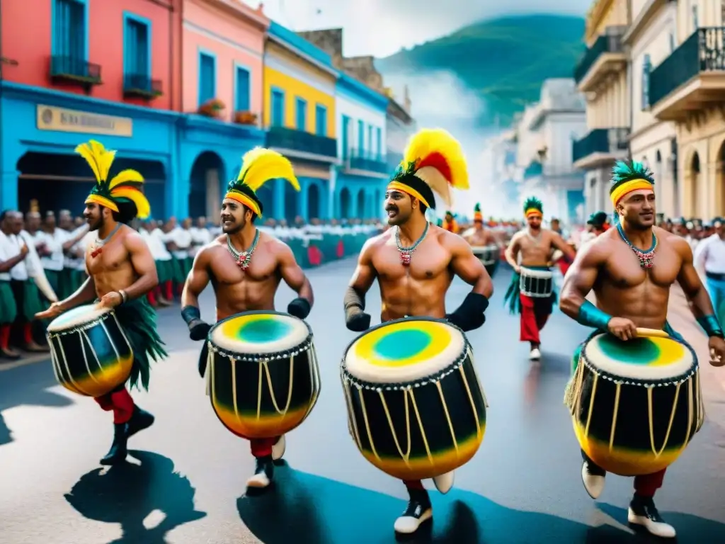 Desfile de Candombe en Uruguay: vibrante pintura acuarela Desfile vibrante de Candombe en Uruguay: músicos, bailarines y espectadores en un evento destacado de Candombe Uruguay