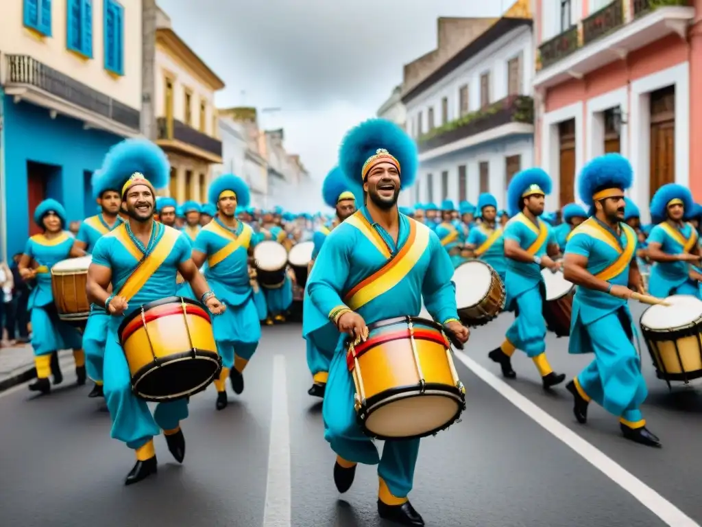 Vibrante pintura acuarela: Desfile de Candombe en Uruguay Desfile vibrante de Candombe en Uruguay, con músicos y bailarines en atuendos tradicionales