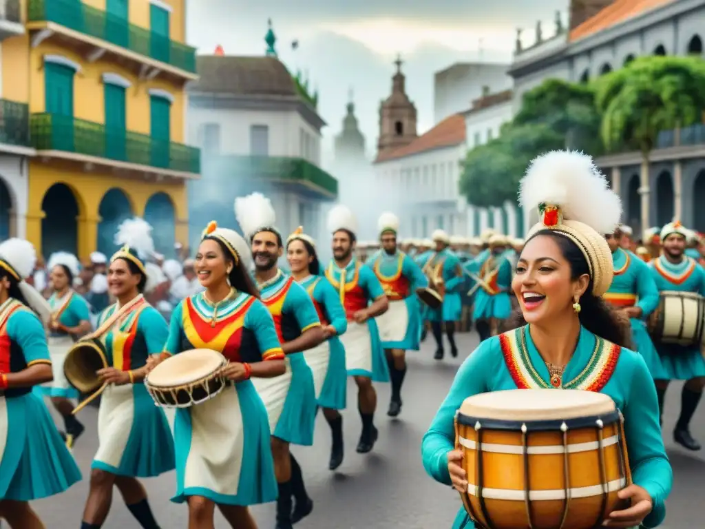 Desfile de Candombe en Uruguay: ritmos vibrantes y colores festivos Desfile vibrante de Candombe Uruguay con músicos y público bailando en la calle