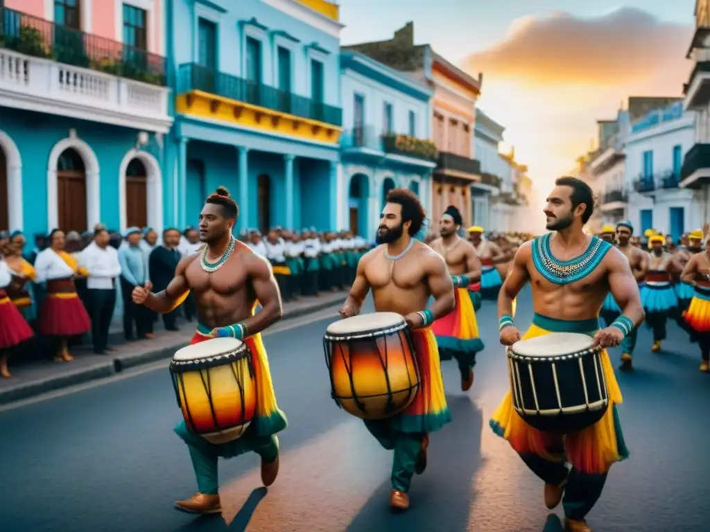 Vibrante desfile de Candombe en Uruguay: pintura detallada en acuarela Desfile vibrante de Candombe en Uruguay: tambores, trajes coloridos y bailarines energéticos en talleres de candombe en Uruguay