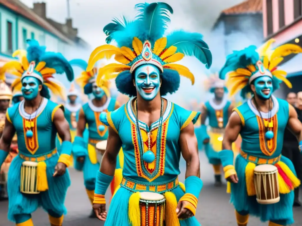 Deslumbrante carnaval uruguayo: coloridos trajes, candombe y alegría Desfile vibrante con tendencias en el Carnaval Uruguayo: coloridos trajes, tambores y bailarines alegres