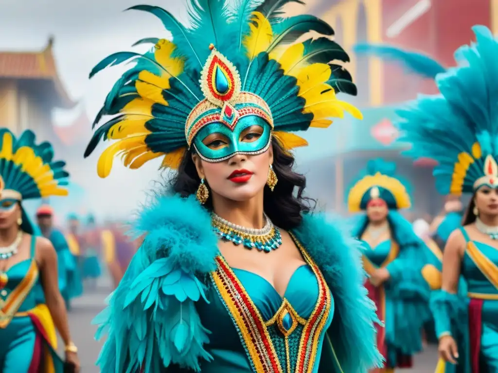 Deslumbrantes disfraces de Carnaval: colores vibrantes y mensajes ocultos Un desfile de vibrantes trajes de Carnaval Uruguayo con mensajes ocultos meticulosamente detallados en colores ricos y vivos