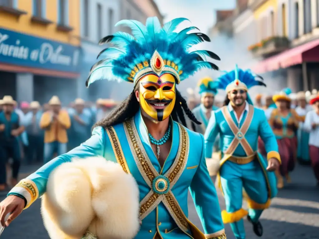 Deslumbrante Carnaval en Uruguay: fiesta de colores y alegría Desfiles legendarios Carnaval Uruguayo: animado desfile con trajes coloridos, carrozas y bailarines felices en un ambiente festivo