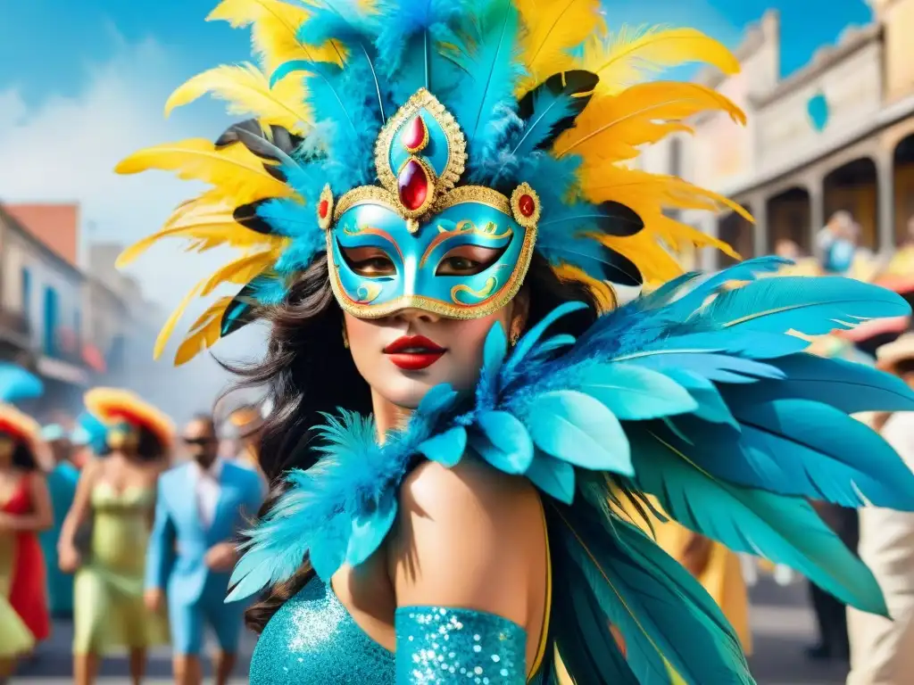 Magia y Misterio: Desfile de Carnaval en Uruguay Deslumbrante acuarela detallada de desfile del Carnaval en Uruguay con personajes icónicos y coloridos