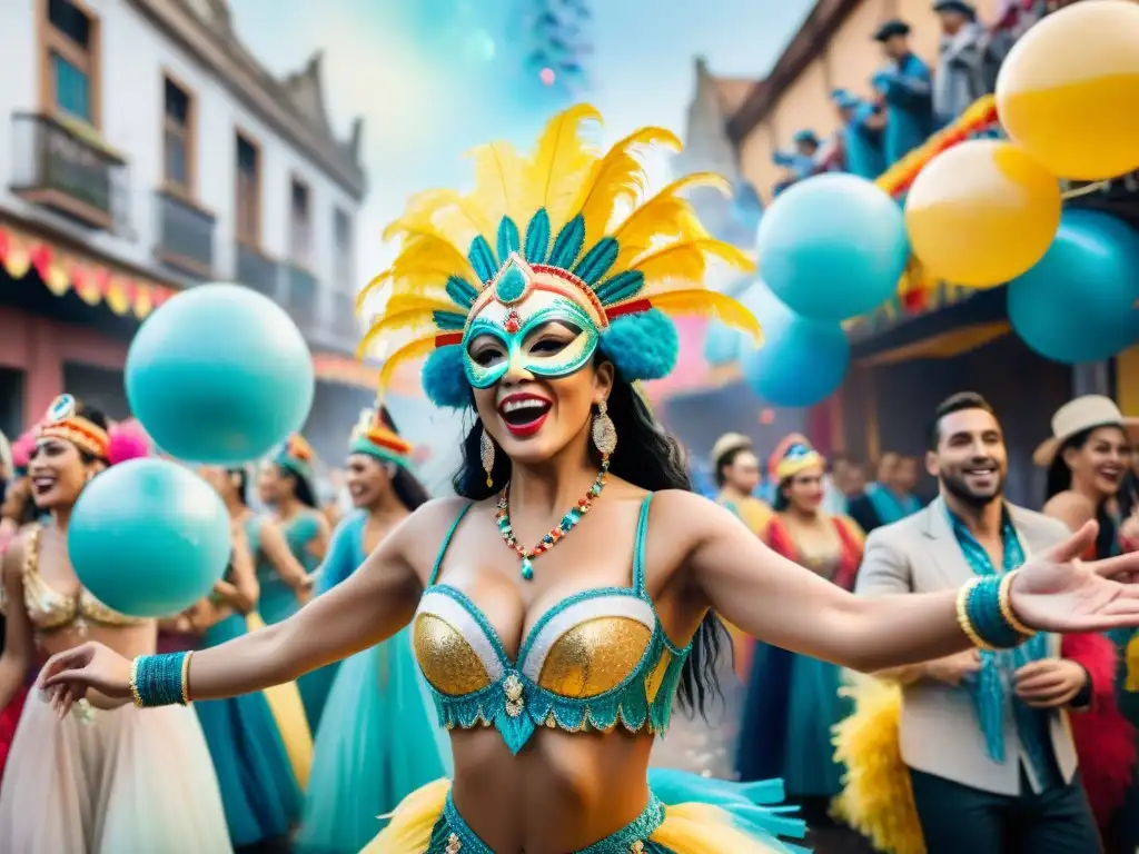 Vibrante ilustración acuarela del Carnaval Uruguayo Deslumbrante ilustración acuarela de bailarines de carnaval uruguayo rodeados de confeti y alegría
