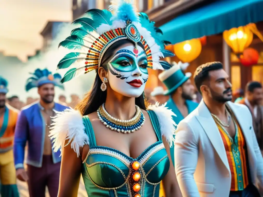 Colorido Carnaval en Uruguay: Baile bajo la luna Deslumbrante baile de Carnaval en Uruguay con vestuarios coloridos y detallados