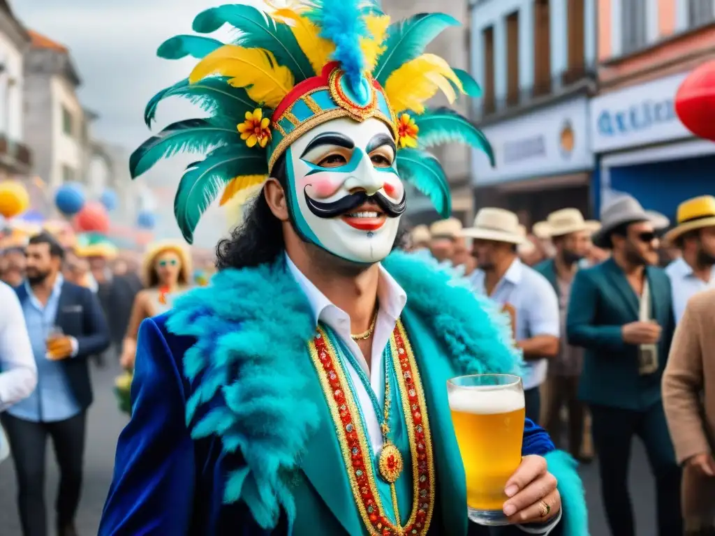Deslumbrante Carnaval en Uruguay: detalles vibrantes y alegría contagiosa Deslumbrante Carnaval en Uruguay con bebidas tradicionales y coloridos trajes