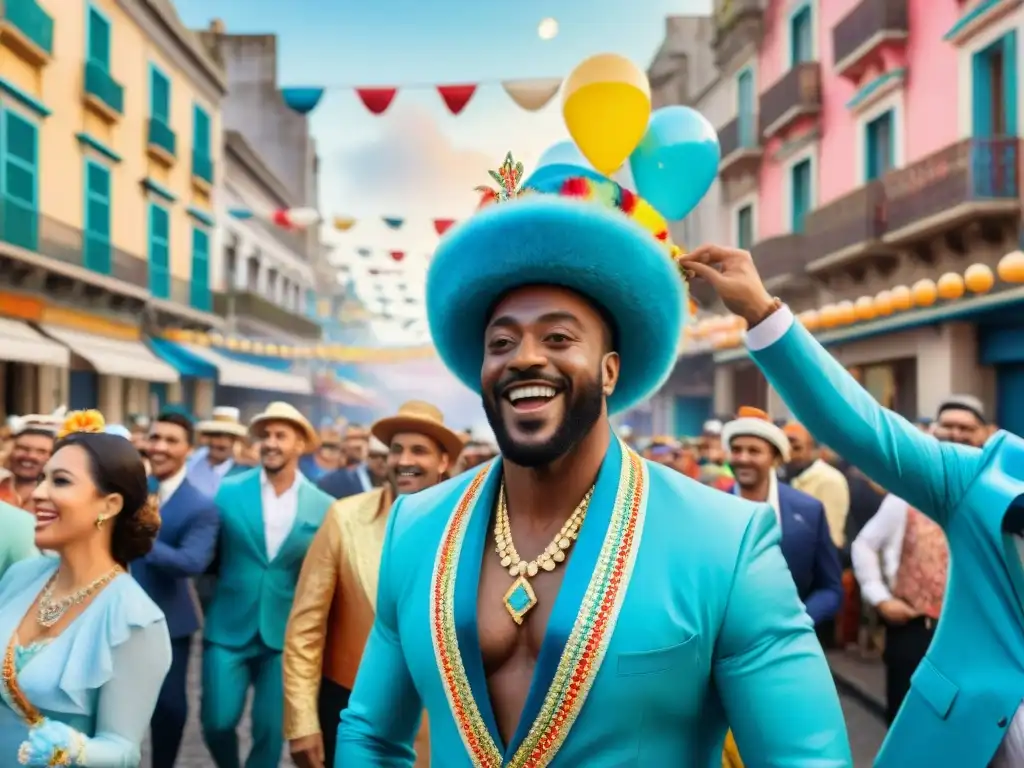 Fiesta de Carnaval en Montevideo: pintura acuarela vibrante Deslumbrante Carnaval en Montevideo: calles vibrantes, desfiles de danzarines y carros coloridos