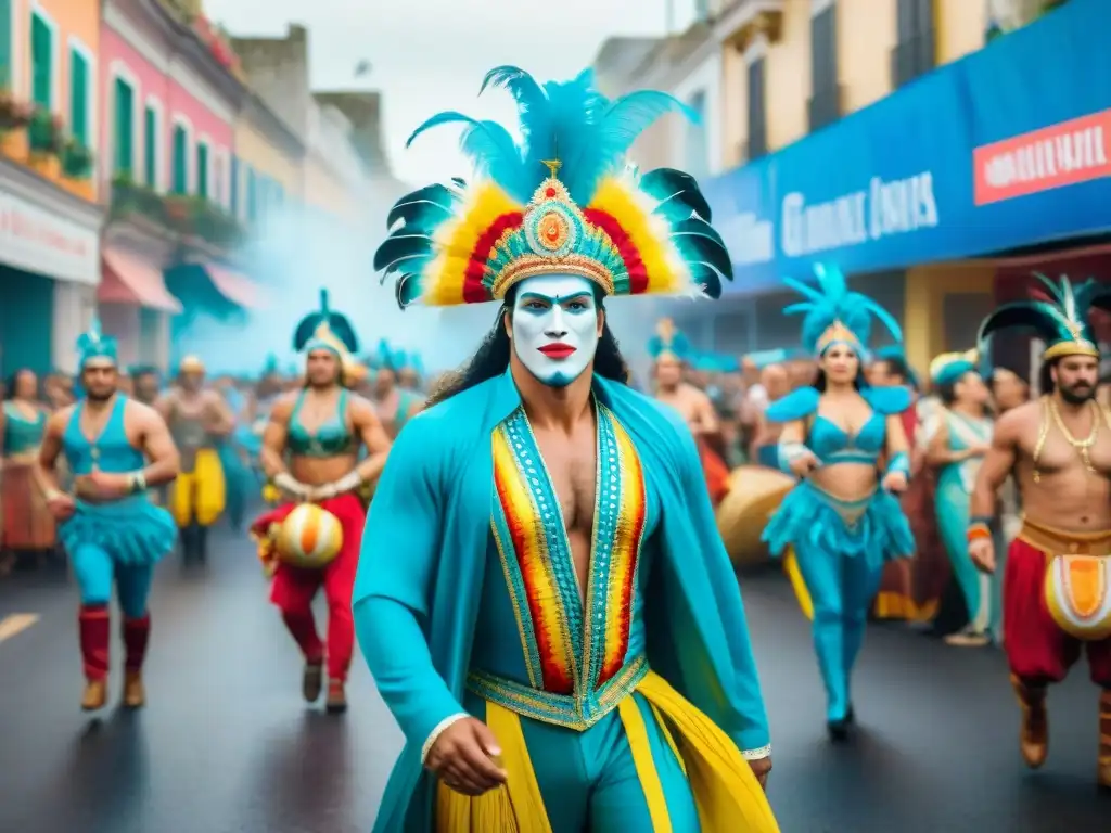 Desfile vibrante en el Carnaval de Uruguay Deslumbrante ilustración acuarela del Carnaval de Uruguay, con coloridos desfiles y espectadores disfrutando la fiesta