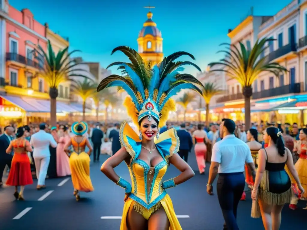 Carnaval de Montevideo: Pintura acuarela vibrante Deslumbrante carnaval en Montevideo con coloridos desfiles y espectadores disfrutando, ideal para Hoteles para Carnaval Uruguayo