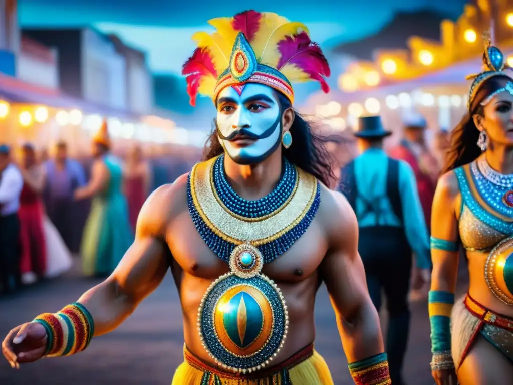 Deslumbrante Carnaval en Uruguay: baile, color y energía Deslumbrante Carnaval en Uruguay con danzas y coloridos trajes bajo un cielo estrellado