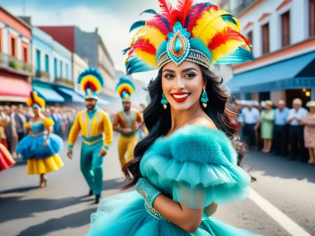 Desfile de Carnaval en Uruguay: vibrante pintura acuarela Deslumbrante Carnaval en Uruguay con influencia rioplatense: colores vibrantes, danzas y disfraces detallados