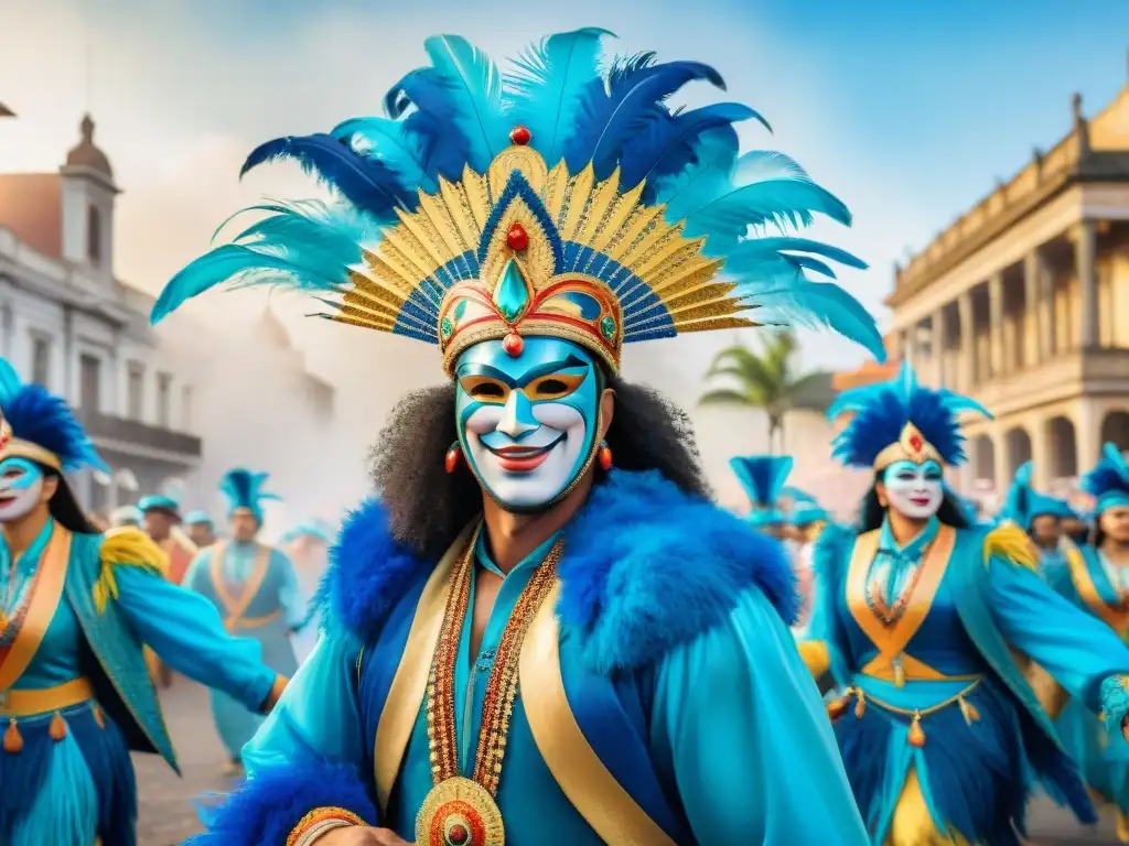 Deslumbrante desfile de Carnaval en Uruguay Deslumbrante Carnaval en Uruguay con influencias internacionales en trajes coloridos y bailes alegres bajo cielo azul y edificios coloniales