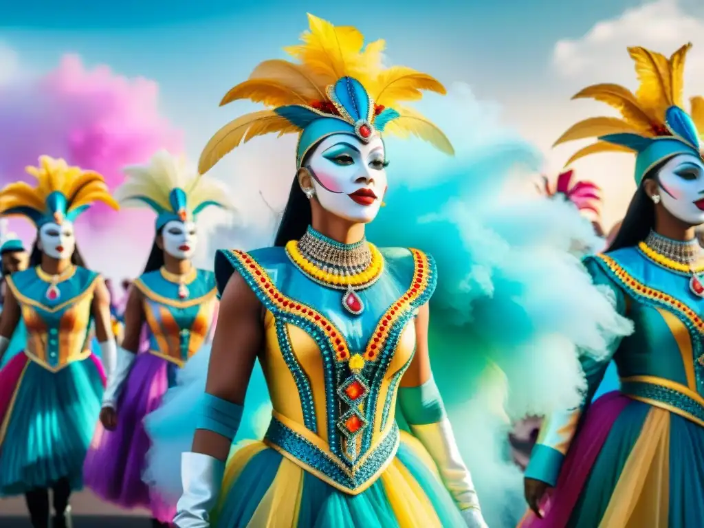 Deslumbrante Carnaval con tecnología futurista integrada en vestuarios y carrozas, fusionando tradición e innovación
